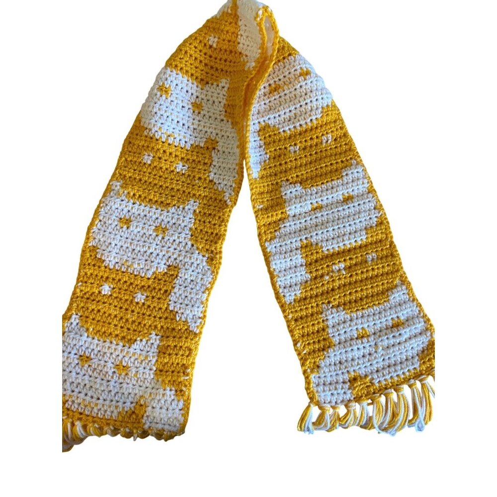 Handmade Crochet Winter Scarf Cat Motif Yellow/White W/5” Fringe Ea.End 50” Body